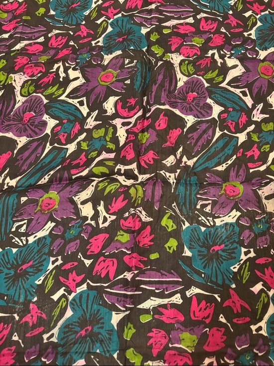 Floral Print Black Silk Scarf with Teal & Purple Accents - Picture 4 of 4
